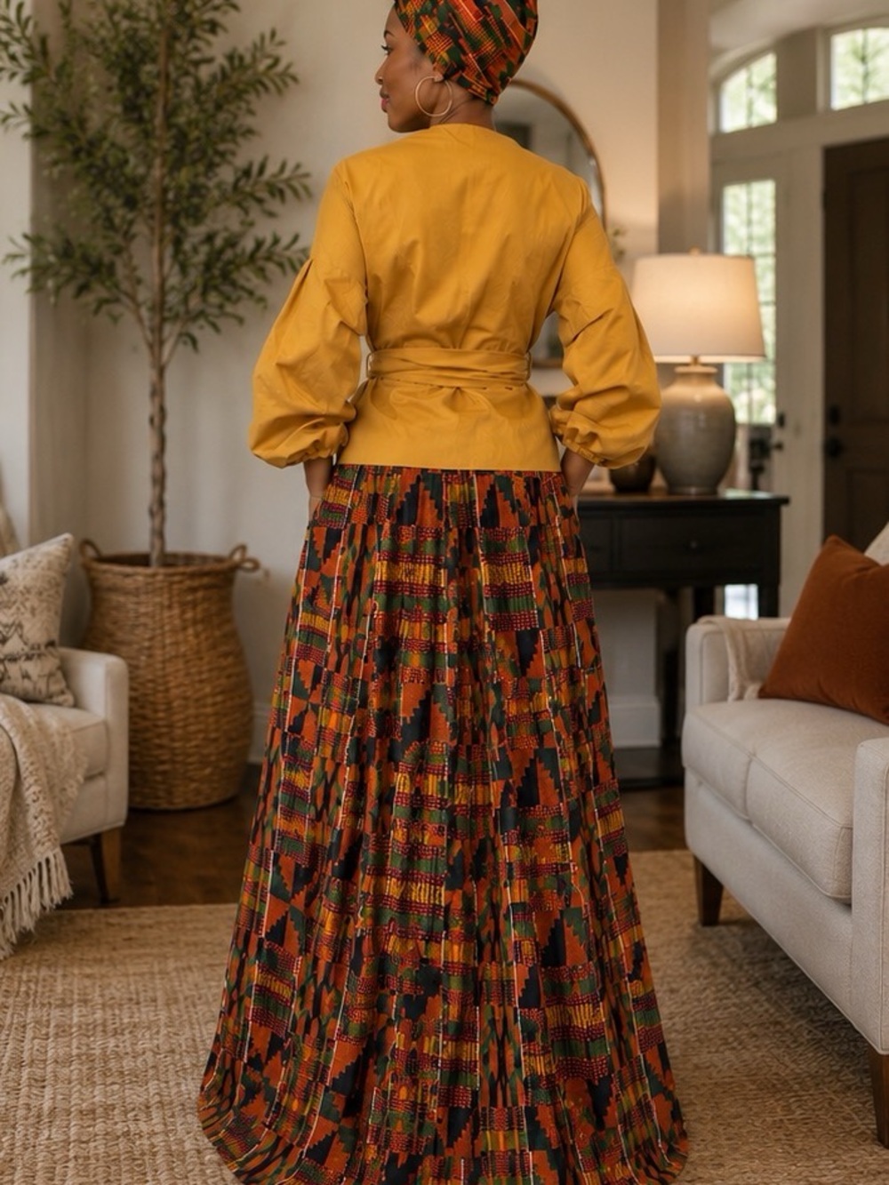 Karan African Print High-Low Skirt & Active USA Wrap Top Set M/OS - Picture 2 of 9